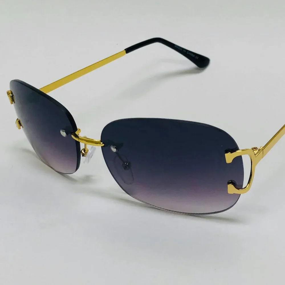 Men Sunglasses Hip Hop Shades Metal Gold Rimless Black Lens Outdoor Street Wear‎